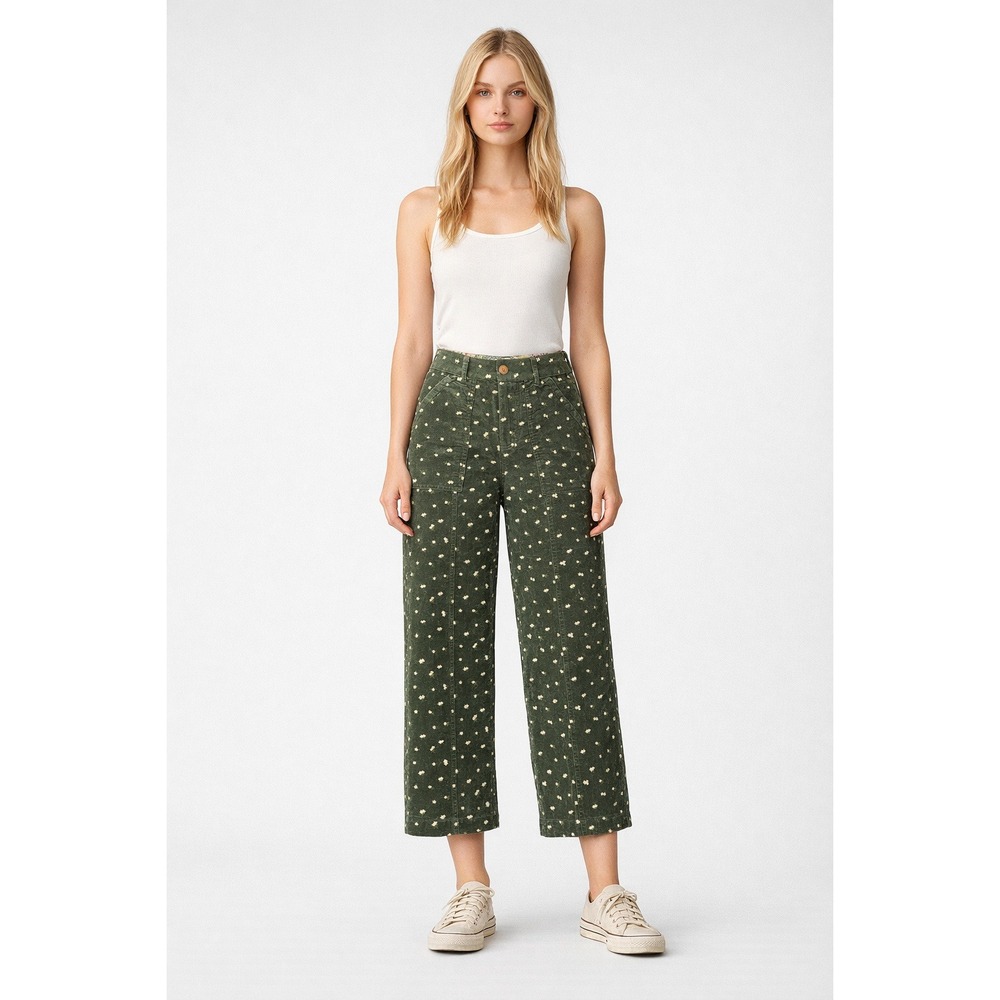 Birds of Paradis by Trovata Green Floral Embroidered Corduroy Pants Womens 2‎